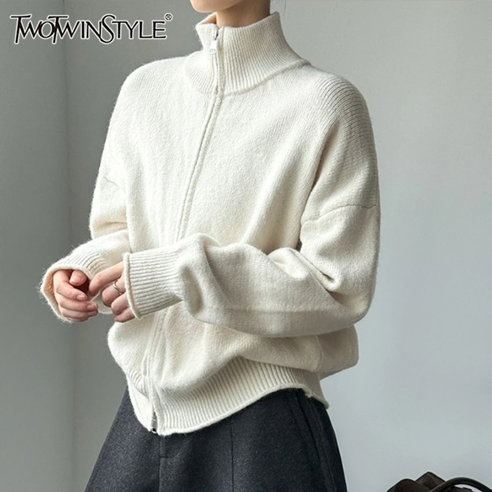 

TWOTWINSTYLE Solid Spliced Zipper Jacket Female Stand Collar Long Sleeve Loose Minimalist Basics Women's Jackets Autumn Fashion