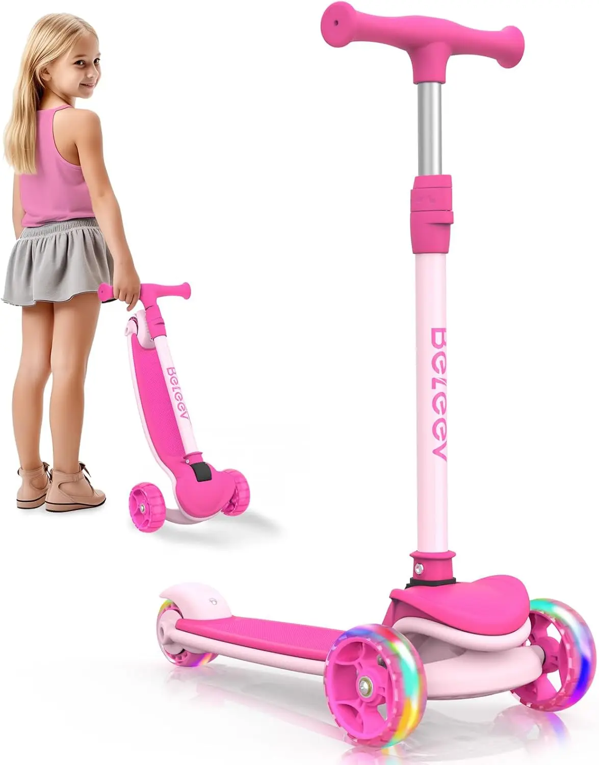 

3 Wheel Scooter for Kids Ages 3-12, LED Light-Up Wheels, Adjustable Height, Lean to Steer, Foldable
