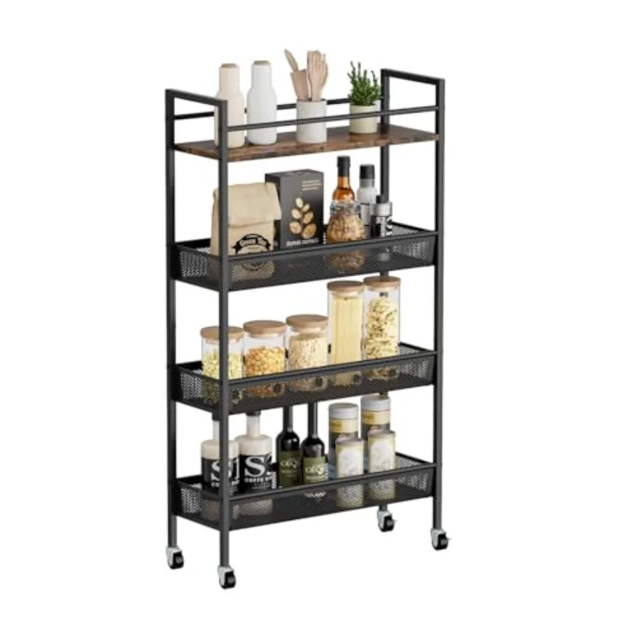 

Slim Kitchen Storage Cart 4Tier 5.9 in Wide Kitchen Slim Rolling Cart Narrow Metal Kitchen Cart with Handle and Wood Top Metal