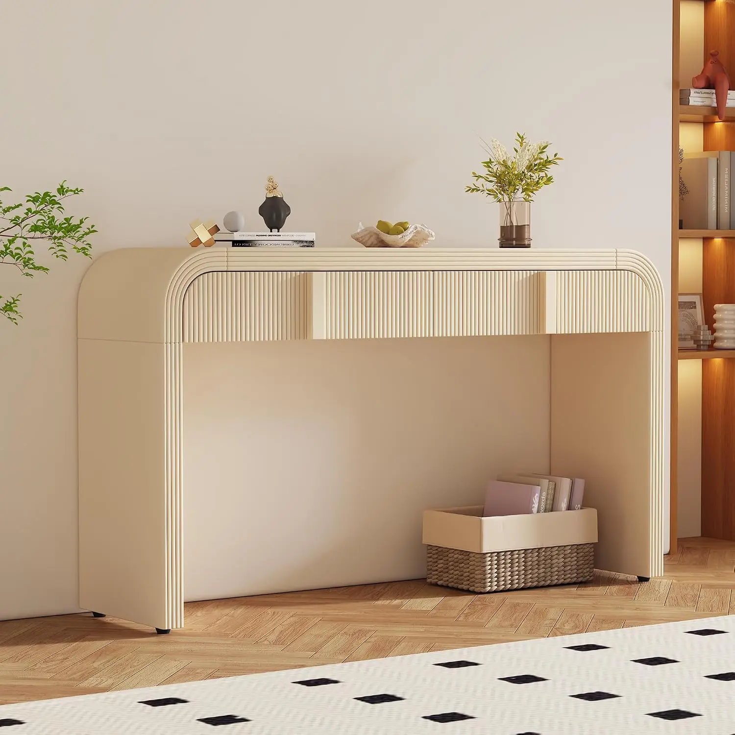 Rustic Console Table With 2 Drawers & Fluted Rounded Silhouette For Entryway Hallway Living Room Foyer, Customized