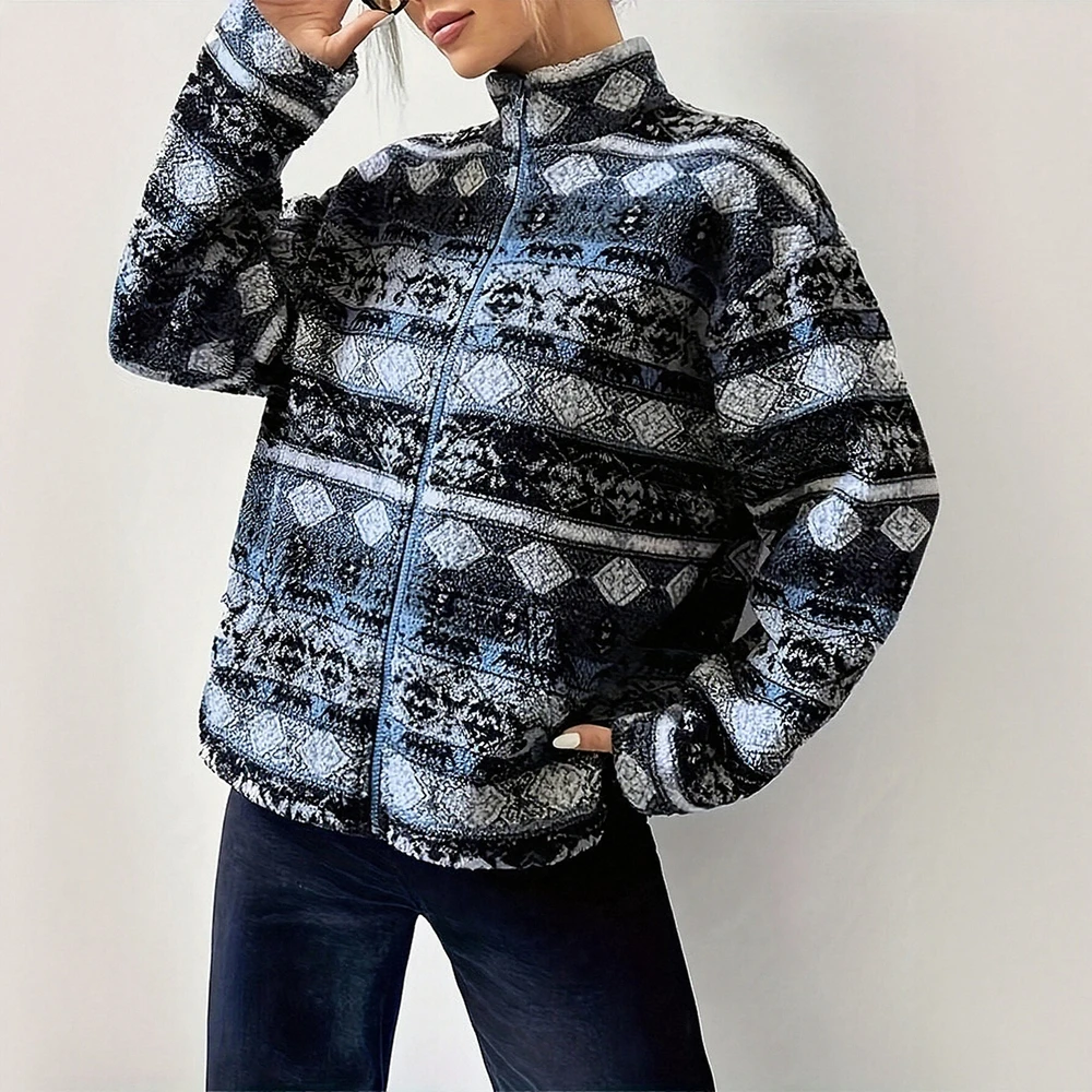 

Women's Geometric Pattern Hooded Woolen Jacket Zipper Plush Fleece-Lined Heattech Casual Versatile Autumn Winter Sweatshirt