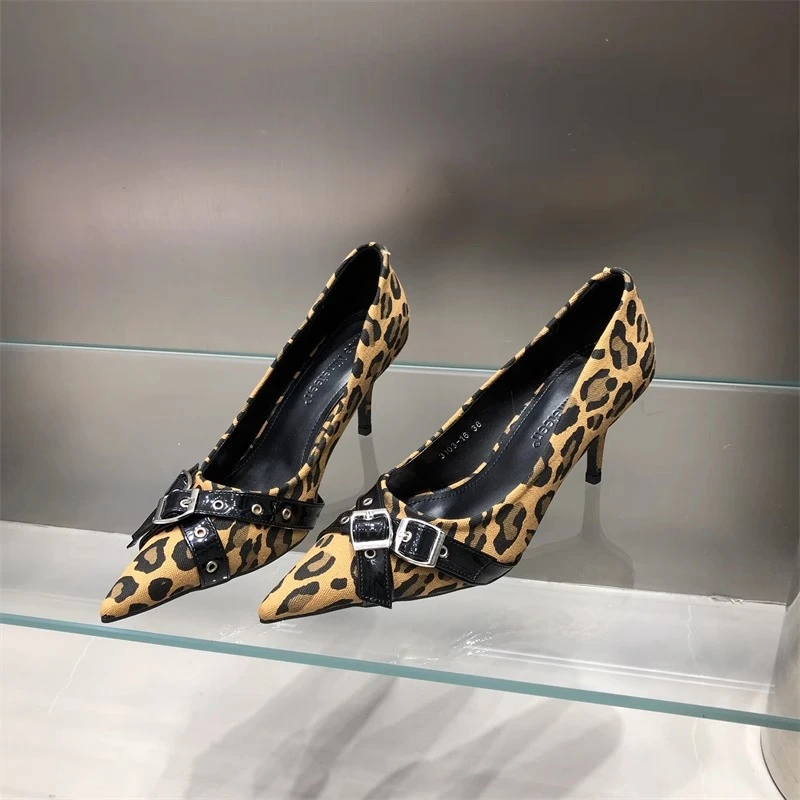 

Belt Buckle Design Pointed Toe Women Single Shoes Fashion Sexy Shallow Laides Shoes Stiletto Leopard Zapatos Mujer Verano 2025