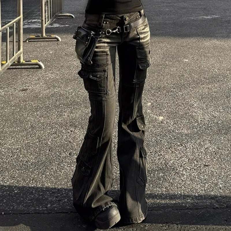 REDDACHiC Women's Black Low Waist Cargo Jeans 2000s Distressed Whiskers Multi-pocket Stretch Bootcut Retro Grunge Streetwear