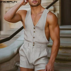 INCERUN Men Rompers Shorts Solid Color V Neck Sleeveless Button Casual Jumpsuits Men Streetwear Summer 2024 Fashion Playsuits