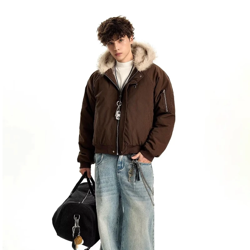 Winter American Street Hooded Parkas Mens New 2024 Thickened Trendy Fur Collar Cotton Jackets Warm Zipper Pocket Fluffy Coats