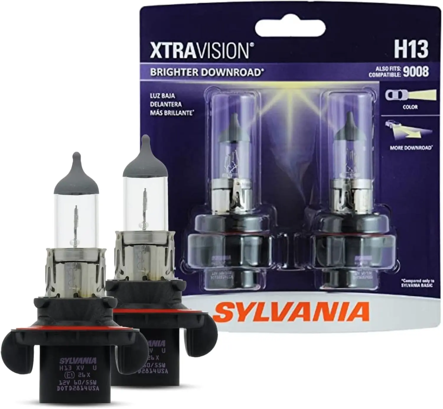 Bombillas de faros halógenos de alto rendimiento H13 XtraVision (paquete de 2) para luces altas, luces bajas y antiniebla