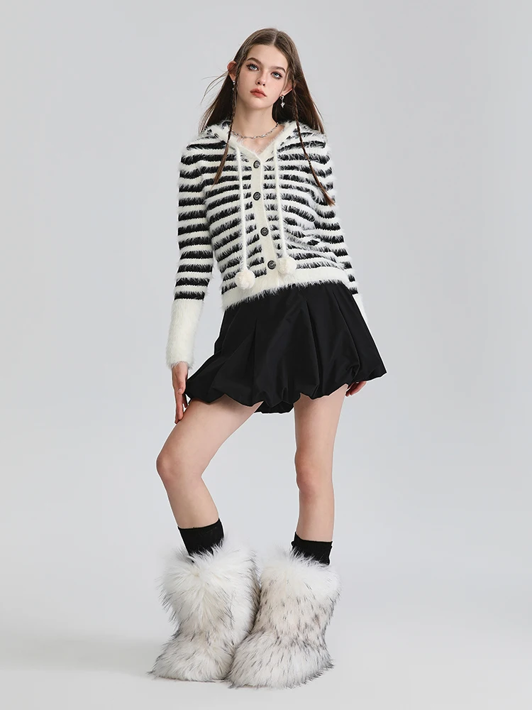 REDDACHiC Black White Striped Hooded Mohair Sweater Women Y2k Winter Casual Pom-pom Drawstring Single-breasted Knit Cardigan Top