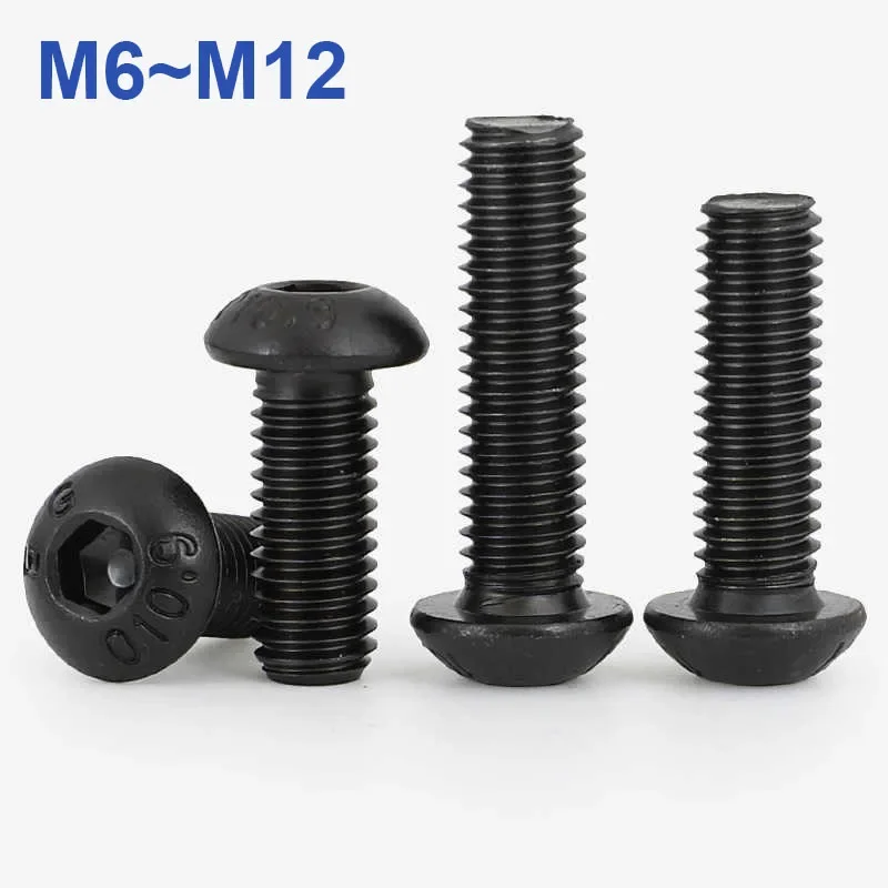 Black Grade 10.9 Carbon Steel M6 M8 M10 M12 Hexagon Hex Socket Round Button Head Screws ISO7380 Length 8~100mm