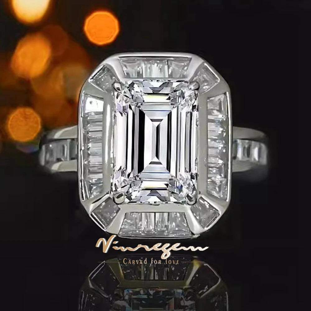 Vinregem 8*12 MM Emerald Cut Lab Created Sapphire High Carbon Diamond Gems Ring 925 Sterling Silver Wedding Engagement Jewelry