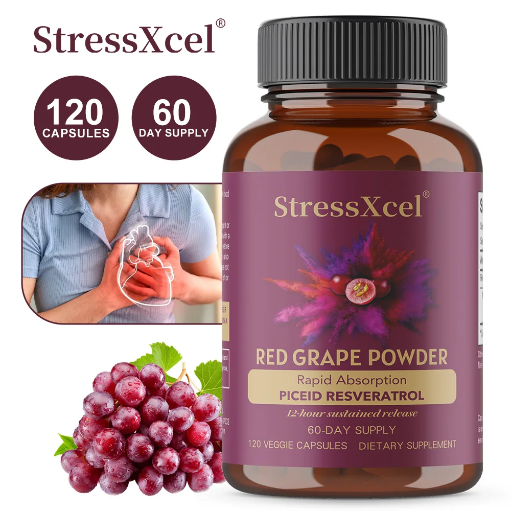 

Resveratrol + Red Grape Powder, Antioxidant Supplement To Support A Healthy Immune System and Cellular Health, 120 Capsules