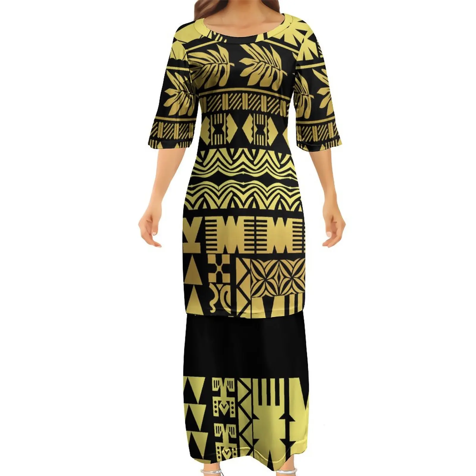 Fashion Women Puletasi Custom Polynesian Print Casual Elegant Long Dress Party Set Skirt Loose Top And Skirt 2 Piece Set