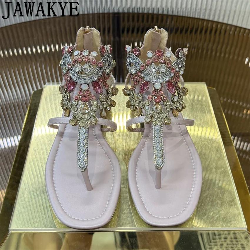 

JAWAKYE шлепанцы в этническом стиле, сандалии на плоской подошве, женские повседневные пляжные сандалии с блестящими кристаллами и ремешком на щиколотке, летняя обувь для вечеринок Mujer