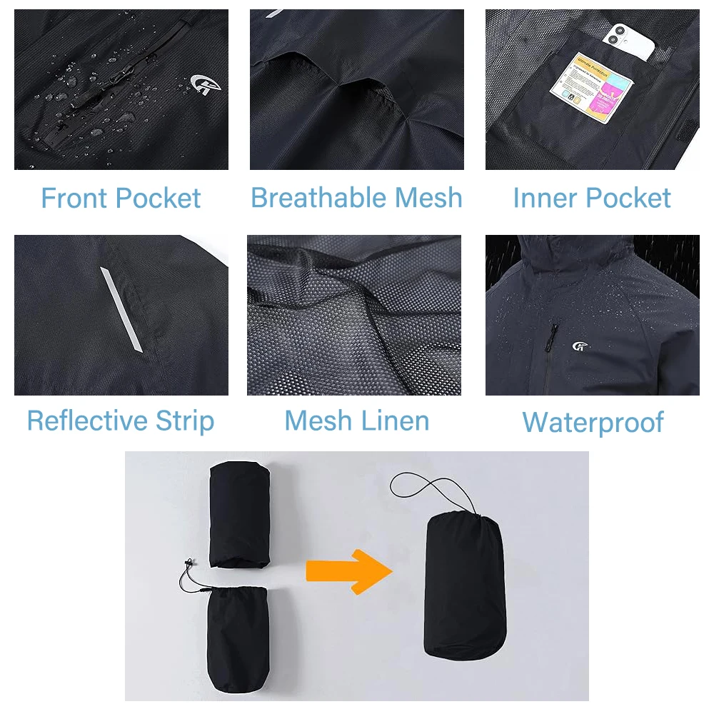 Sommerliche, wasserdichte Regenjacke für Herren, leichte, dünne Regenjacke mit Innentasche, ideal zum Campen, Wandern, Radfahren und Angeln. – Detail 2