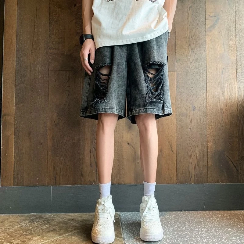 

American High Street Black Ripped Denim Shorts for Men Summer Lightweight Knee-length Loose Trendy Distressed Casual Streetwear