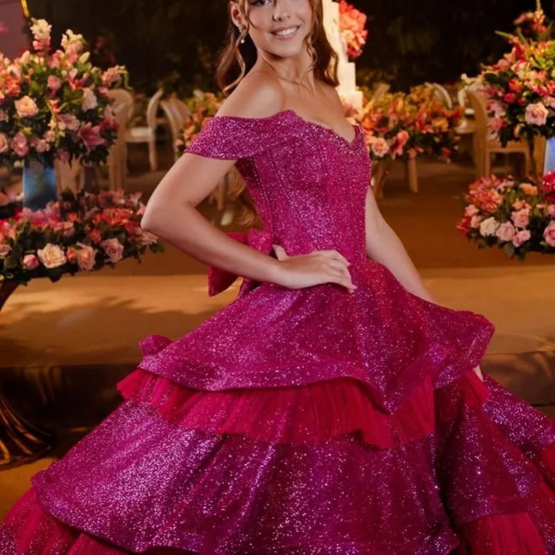 

Блестящее розовое платье Quinceanera с открытыми плечами, кружевное многослойное платье с кристаллами и бантом, длинный хвост, платья de 15, Quinceanera ﻿ Настроить