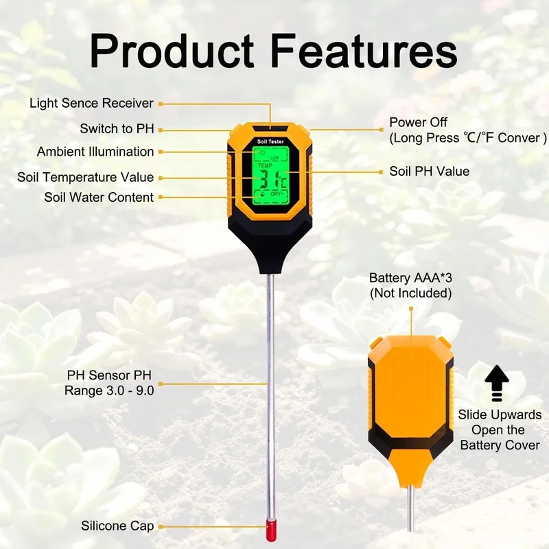 4-in-1 Soil Tester, Soil Moisture Meter with pH, Temperature & Sunlight Measurement, Digital Plant Water Meter with Backlit LCD view 5