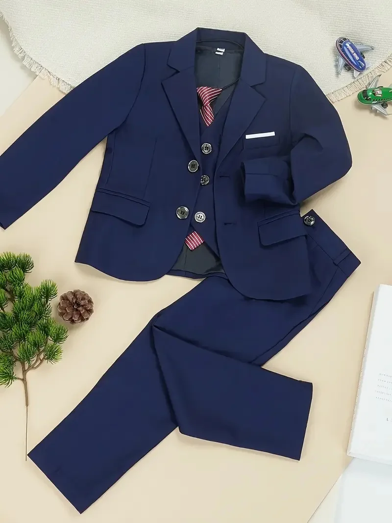 Kids Wedding Outift Boys' 4Pieces Formal Suit Set With Jacket Pants Vest Tie for Birtday Piano Host School Performances