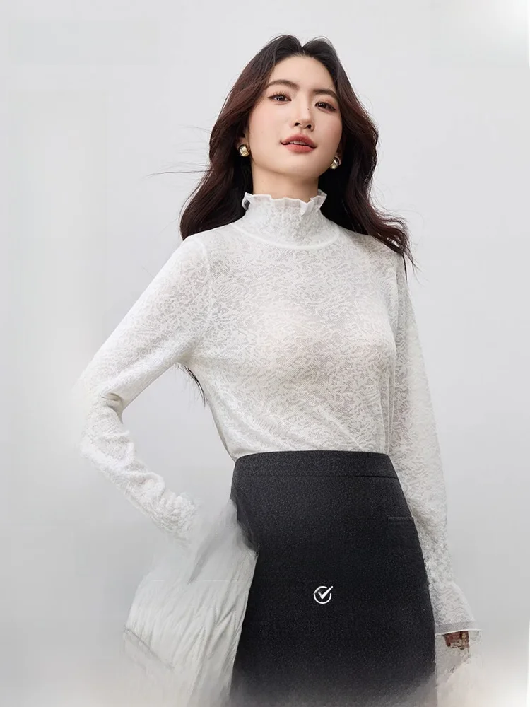 

Ele Commute Knitted Sweater Women's High Collar Elastic Bell Sve Micro Transparent Elastic irt Polyester Fiber