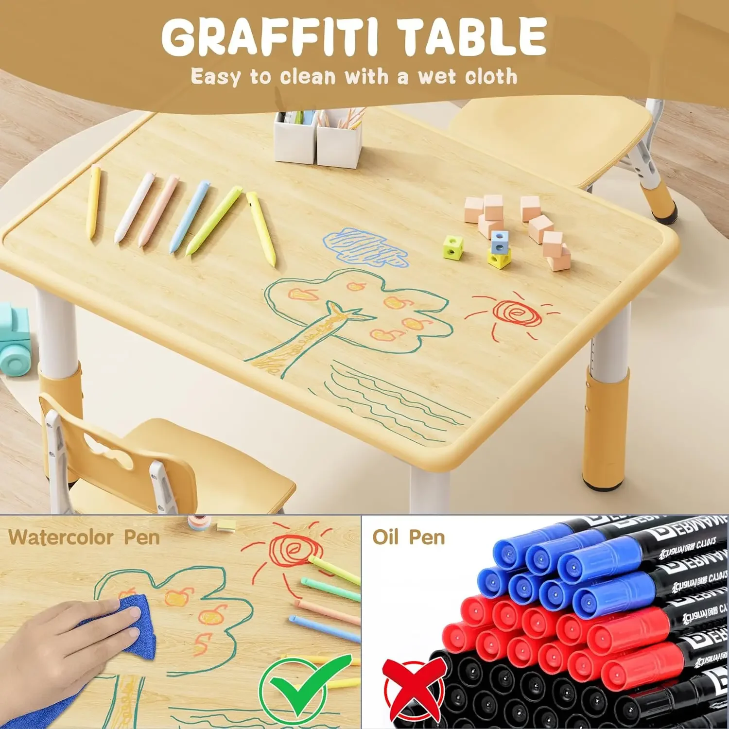 Table and 2 Chairs Set, Height Adjustable Toddler Table and Chair Set, Graffiti Desktop, Classroom/Daycare/Home, Ch