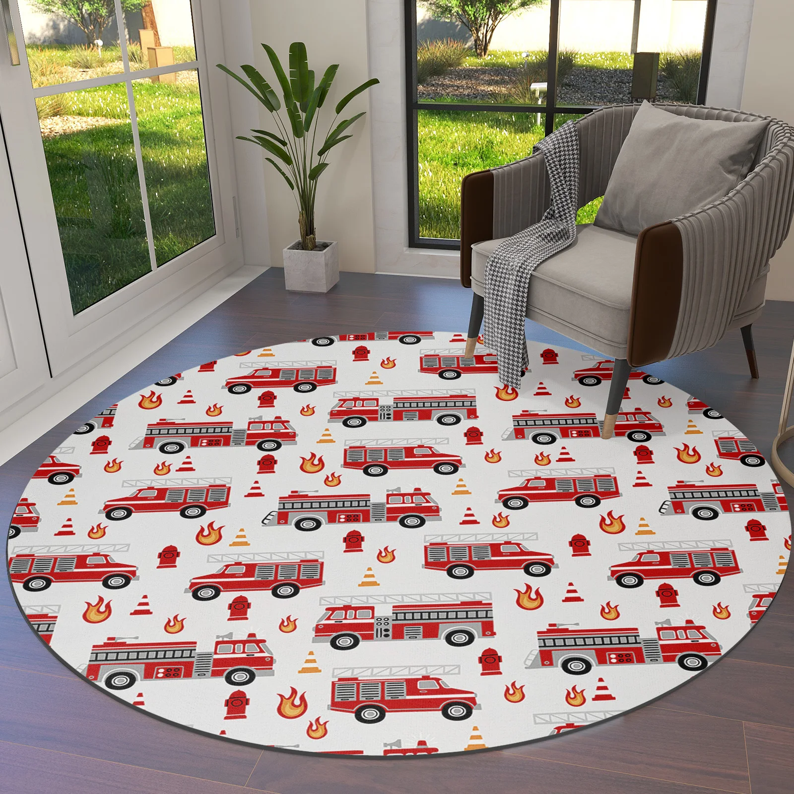 Fire Truck With Red And White Background Round Area Rug Carpets For Living Room Large Mat Home Bedroom Kid Room Decoration