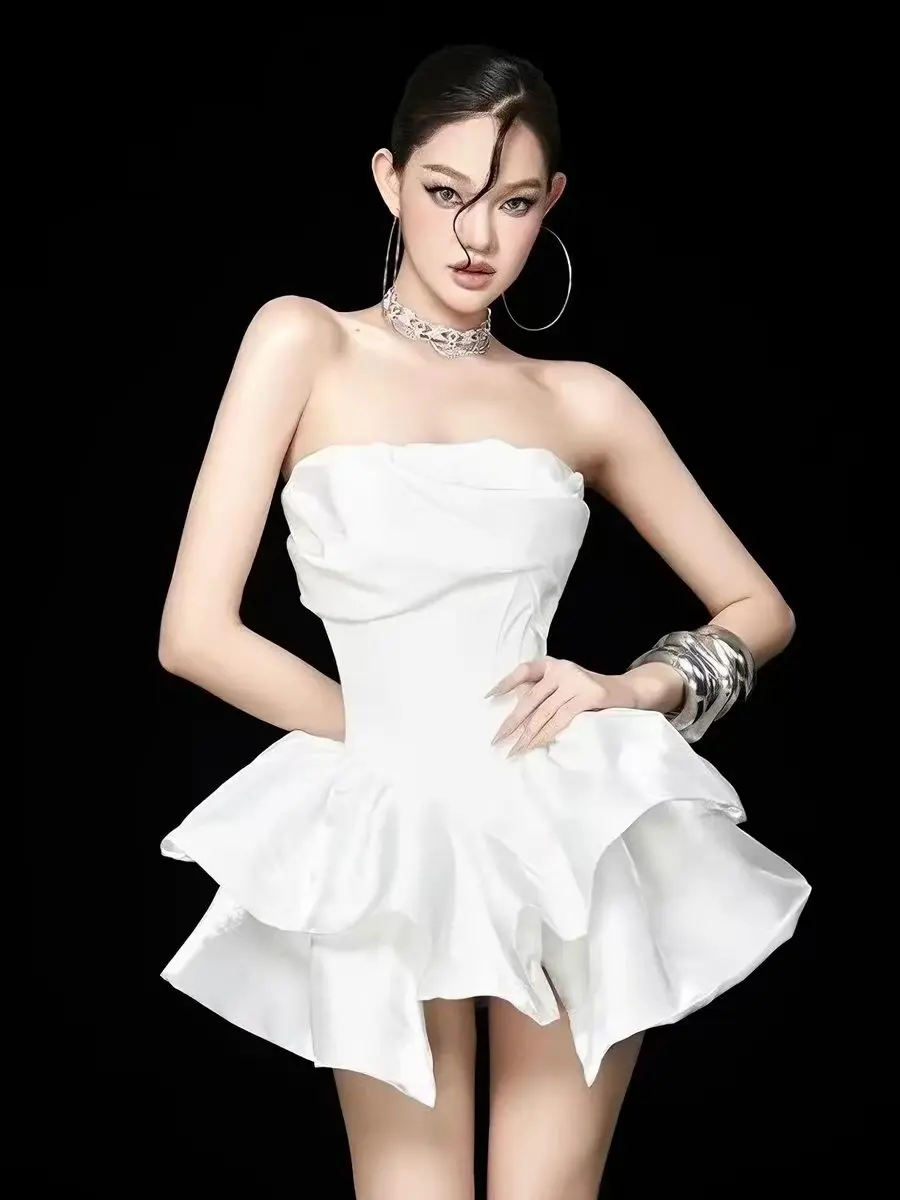 

White Satin Short Dress Fashionable Birthday Party Registration Ceremony Dress Can Be Worn on Daily Basis Elegant