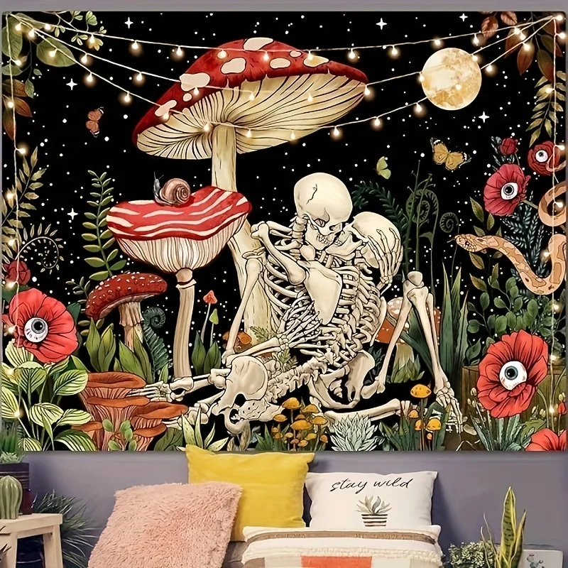 

1 Pc Skull Hippie Mushroom Tapestries Aesthetic Moth Moon and Stars Snake Wall Hanging for Room