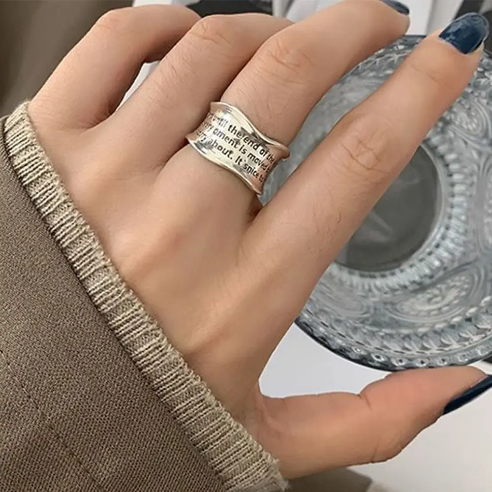 Korean Style Trendy Wavy Pattern Letters Carving Opening Ring Unique Green Stripe Design Finger Ring for Women Fashion Jewelry