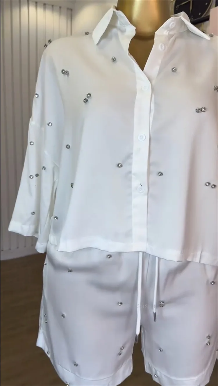 Women's African Beading 2-Piece Set Summer Fashion Long Sleeve Shirt OL Style Trendy Beads Shorts Outfit Casual Chic Ensemble