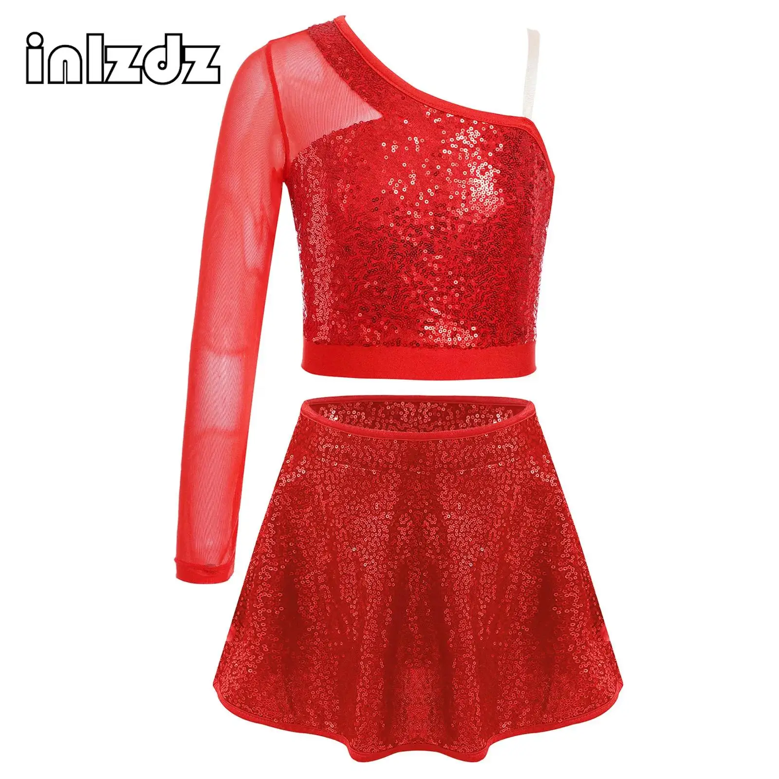 

Kids Girls Jazz Latin Dance Set Sheer Mesh One Shoulder Side Zipper Crop Top with Sequins Adorned Skirt Performance Costume