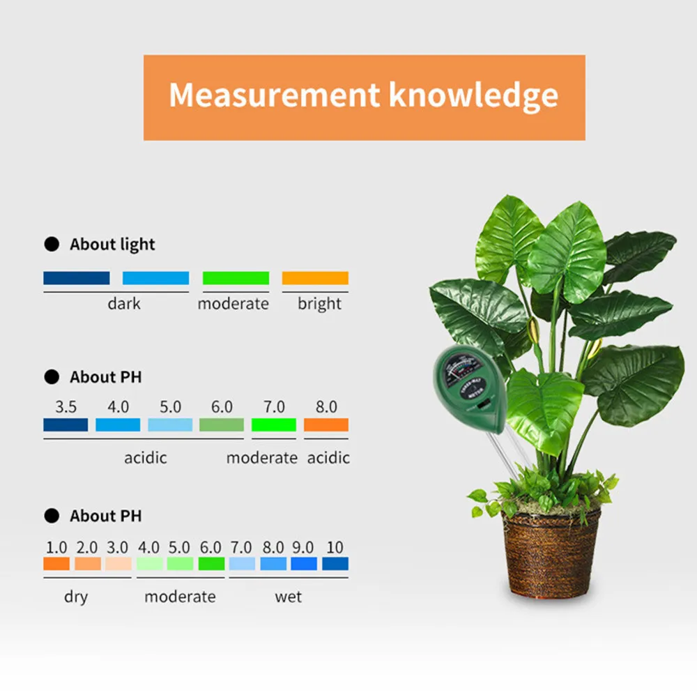 3 in 1 Soil PH Meter Sunlight PH Tester Garden Flowers Soil Moisture Sensor Meter Plants Acidity Humidity PH Monitor Detector