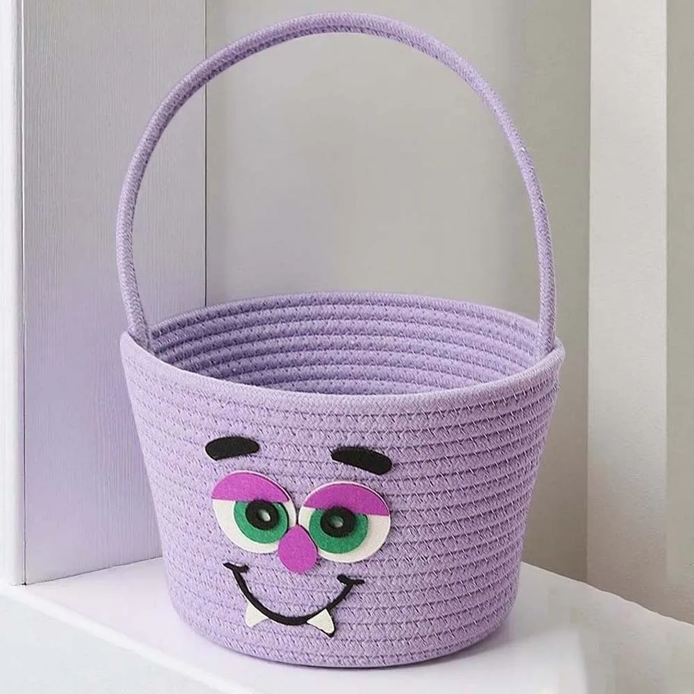 Holiday Handheld Basket Cotton Pumpkin Candy Bucket Orange Braided Halloween Rope Basket Soft Foldable Trick Treat Tote Kids