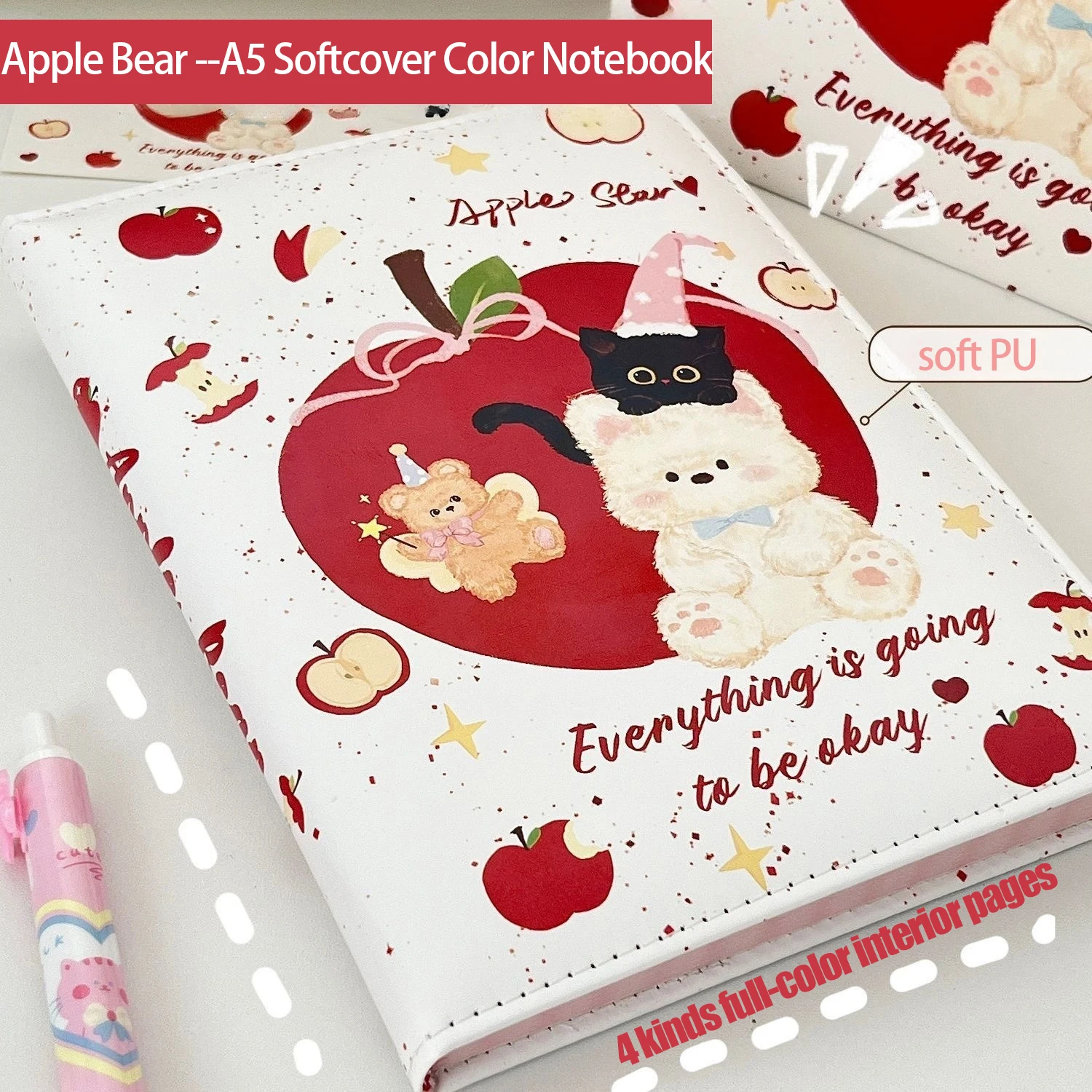

Милый блокнот A5 с изображением яблока и медведя на тему Санта-Клауса, журнал из искусственной кожи, красочные страницы с толстой бумагой, кавайный подарок для студентов на Рождество
