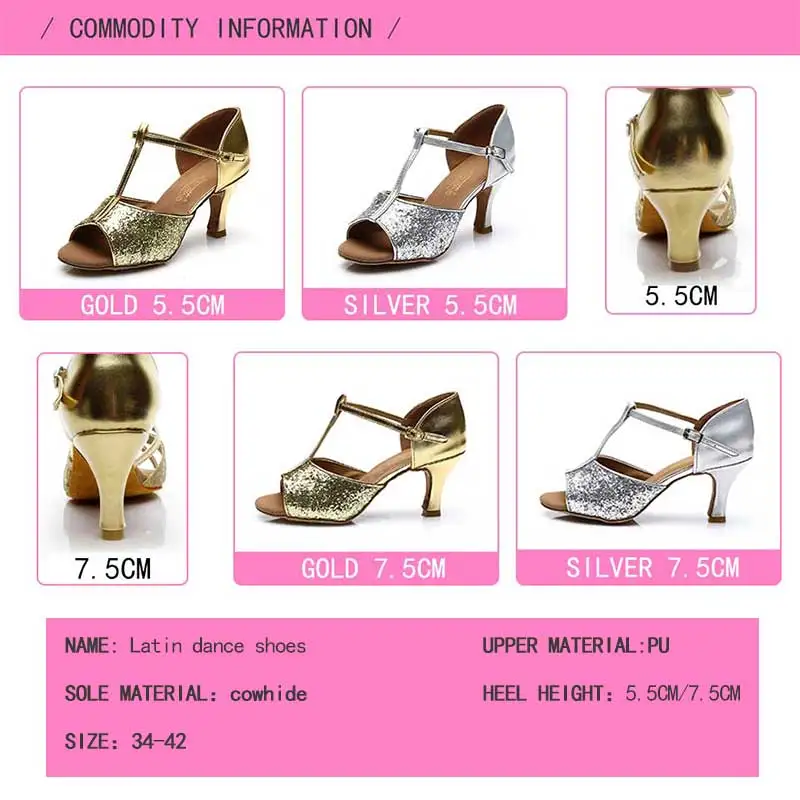 Latin Dance Shoes Girls Ballroom Latin Tango Dance Shoes heel 7.5cm / 5.5cm Sales Silver Gold Womem\'s Dancing Shoes wholesale