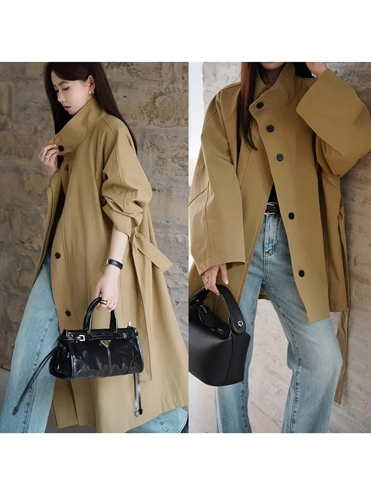 

Коричневый Тренч женский модный плащ розового цвета на пуговицах Casaco Feminino Femme приталенный складной модный свободный крой весна осень оверсайз