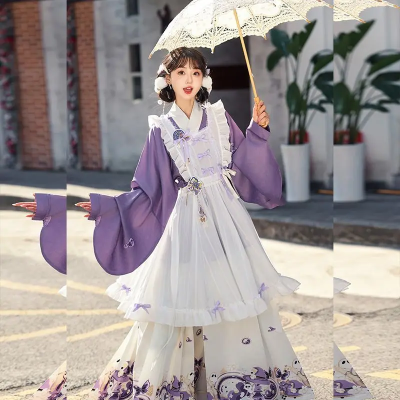Sweet Chinese Stand Collar Purple Long Shirt Dress Women Autumn Winter Lolita Embroidered Sling Apron Printed Pleated Skirt Sets - view 4