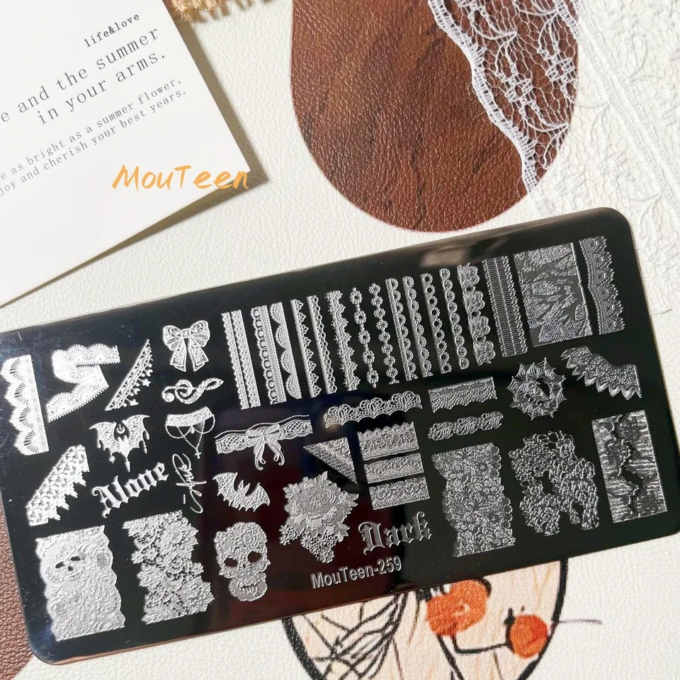 MouTeen260 Placa de estampado gótica con cruz, rosario y cruz oscura, acero inoxidable, plantilla punk para arte en uñas DIY 3