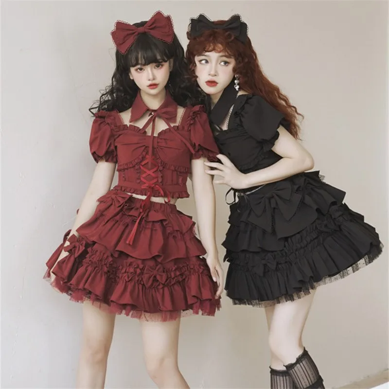 Woman Lolita Set Japanese Style Gothic Blouse Skirt Suit Summer Sexy Lolita Dress Ruffled Lace-up Skirt Sweet Fake Collar Top