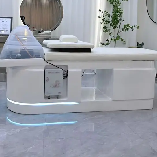 

High End Barbershop Furniture Modern Thai Style Lay Down Washing Chair Bed Luxury Head Therapy Spa Shampoo Bed With Lights