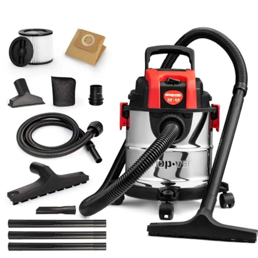 

3 Gallon 4.0 HP Wet/Dry Vacuum with Blower Function Stainless Steel Tank Portable Shop Vacuum with Wheels Includes Filters Hose
