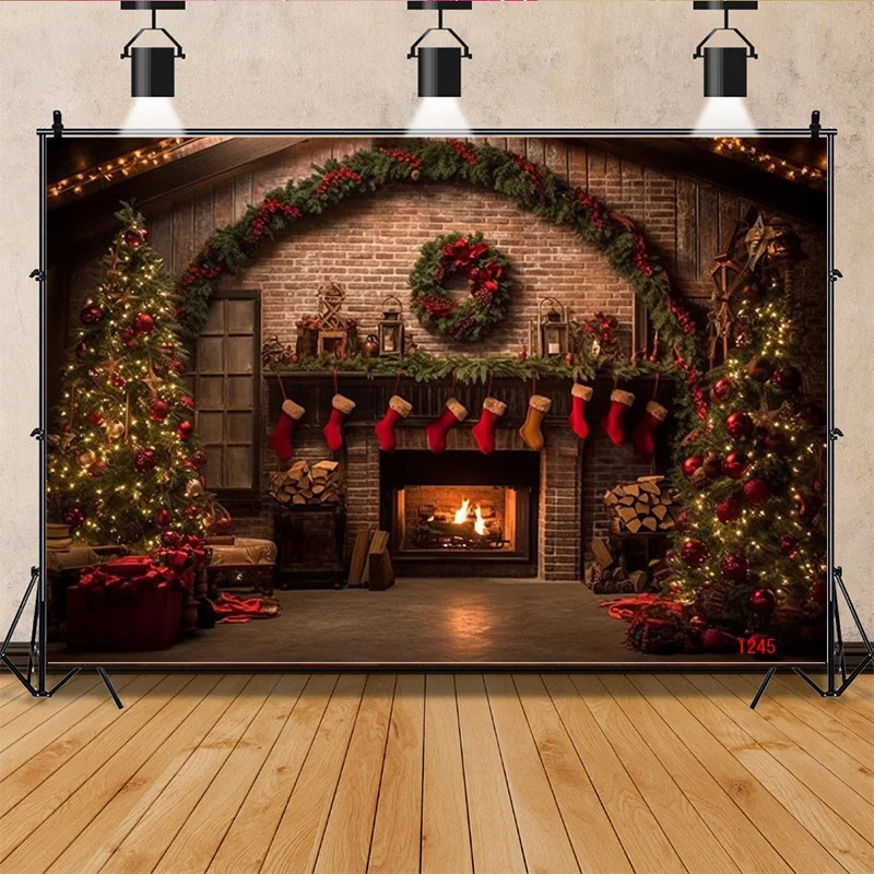 SHENGYONGBAO Christmas Day Fireplace Photography Backdrops New Year Candy Chimneys Snowflake Window Studio Background WW-44