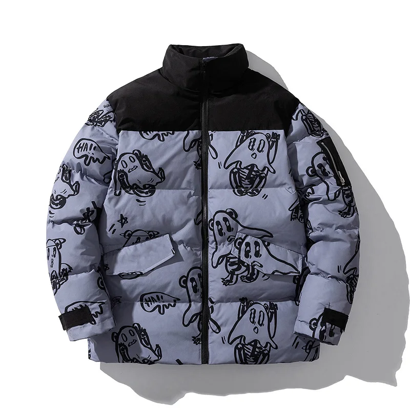 Parkas gruesas acolchadas de algodón para hombre, ropa de calle con estampado de Hip Hop, abrigos cálidos a prueba de viento con cremallera, prendas