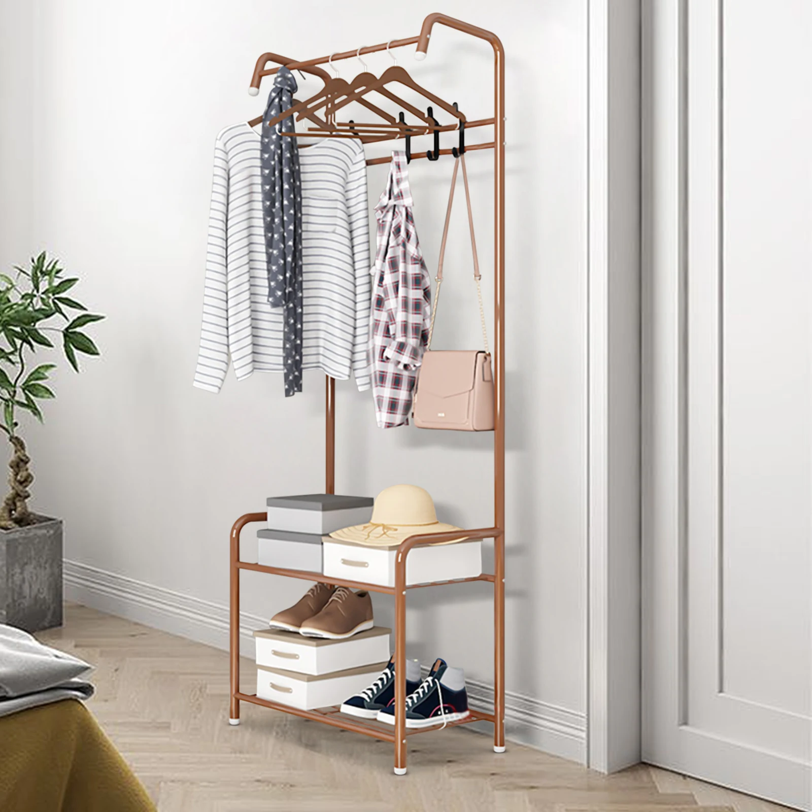 Perchero de pie: diseño que ahorra espacio, elegante para la organización del hogar y marco de acero duradero