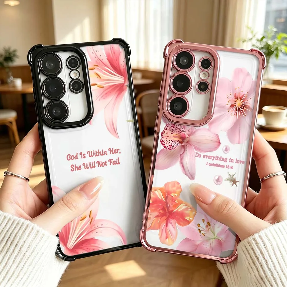 Pink Floral Petal Art Pattern For Samsung Galaxy S26 S25 S24 S23 S22 S21 Ultra FE Plus Electroplating Anti Fall Phone Case