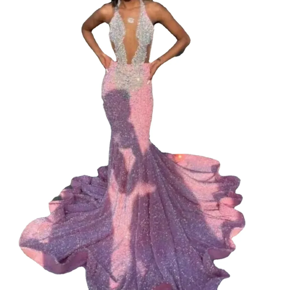 Pink African American Prom Dresses Mermaid Halter Sequins Crystals Sparkle Black Girls Nigeria Robe De Soiree Evening Gown