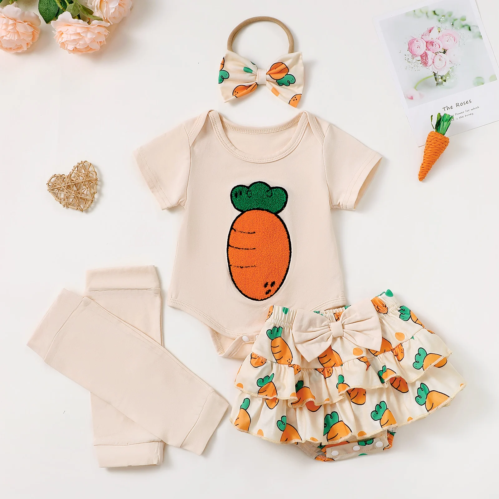 

Easter Themed Baby Girl's Short Sleeve Shirt Set with Knee Pads And Headwear Carrot Print Infant Clothing Ensemble