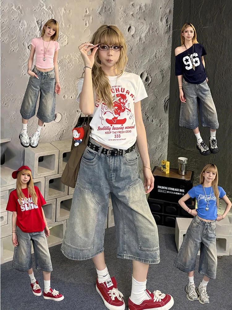 

Y2K High Waist Baggy Wide Leg Denim Bermuda Shorts Women Korean Style Vintage Loose Straight Jeans Streetwear Casual A-Line Pant