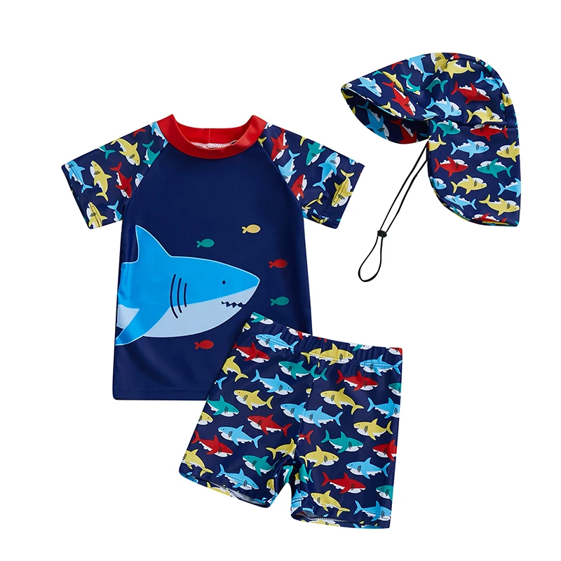 Baby Toddler Boy Swimsuit Set Shark Print Short Sleeve Rash Guard Swim Tops Shorts Sun Hat 3 Pcs Bathing Suit Outfit