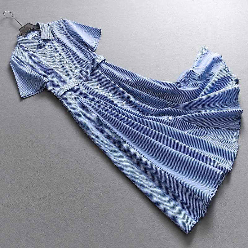 Elegancka niebieska sukienka damska z kołnierzykiem, zapinana na jeden guzik, w paski, koszulowa sukienka damska, letnia, codzienna, uniwersalna sukienka z długim rozcięciem.