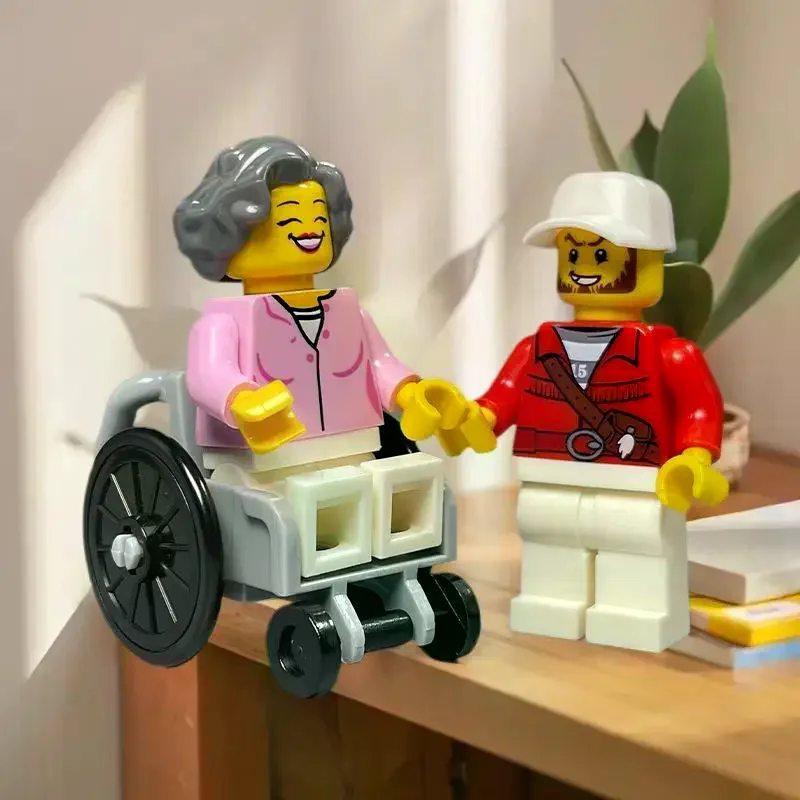 Conjunto de blocos de construção de 2 peças para crianças, brinquedos moc de carrinho de mão para cadeira de rodas, tijolos educacionais, itens para presente de figura de auxílio à mobilidade