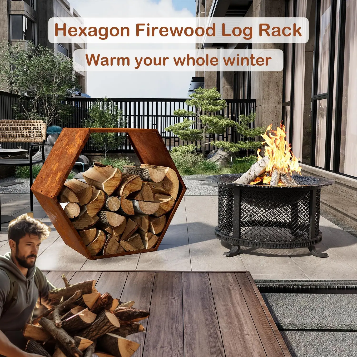 Log Rack Hexagon Heavy-Duty, Sturdy Log Holder with Honeycomb Design for Wood Storage, Suitable for both Outdoor and Indoor Use